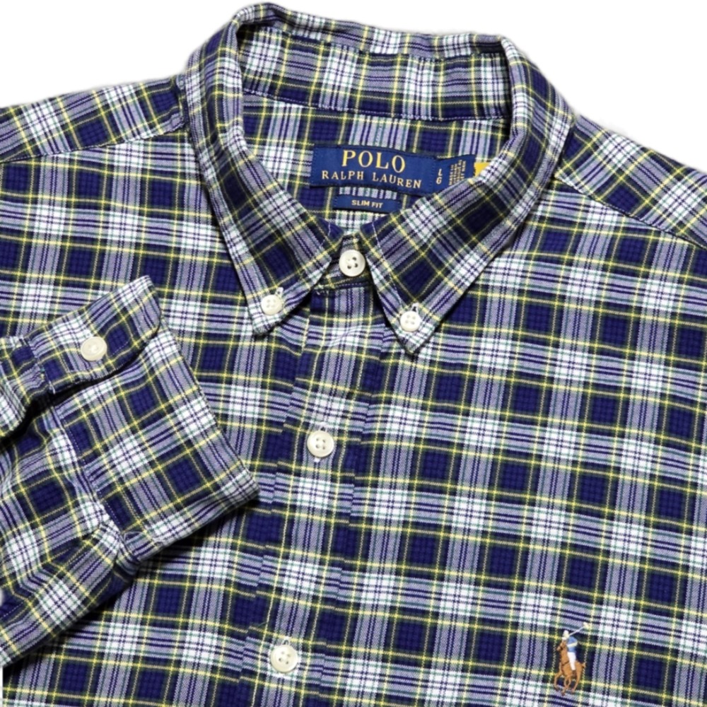 Polo Ralph Lauren Oxford Shirt Mens L Slim Fit Tartan Button Down Flesh Pony EUC